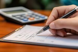 calcolatrice documenti e mani che scrivono