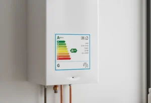 caldaia moderna con simboli di risparmio energetico