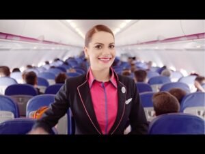 hostess wizz air in uniforme sorridente