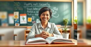 insegnante felice con libri e stipendio