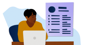 persona che scrive curriculum con icone competenze