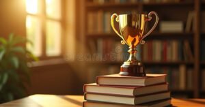 premio letterario con trofeo e libri empilati