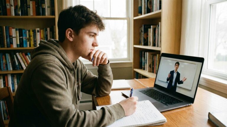 studente che riflette con libri e laptop