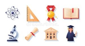 studenti con diplomi e simboli scientifici