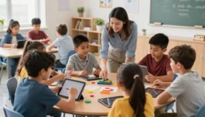 tutor e studente in aula scolastica interattiva